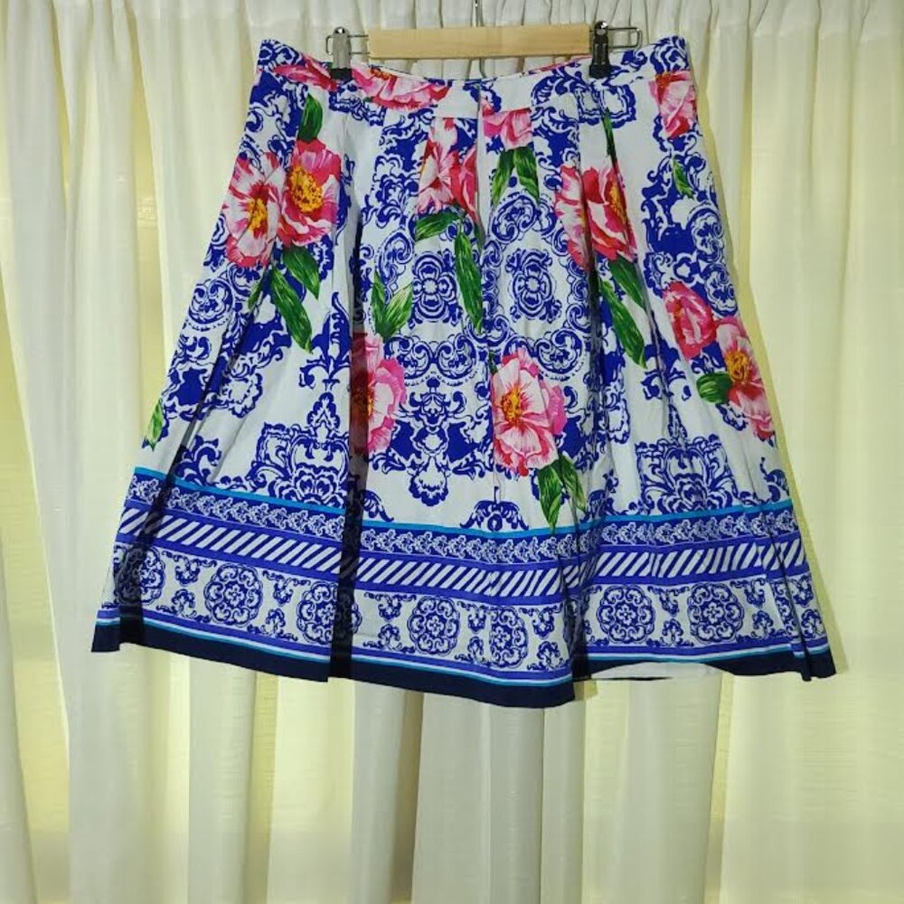Talbots Peony Print Blue and White Patterned Skirt - Size 14